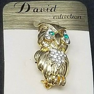 owl bird brooch pin 2.5" gold rhinestones